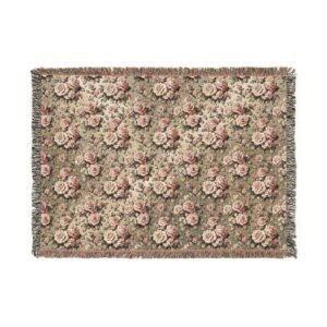 Vintage Rose Woven Throw Blanket | Floral Tapestry in Dusty Pink & Gold or Romantic Pink & Black