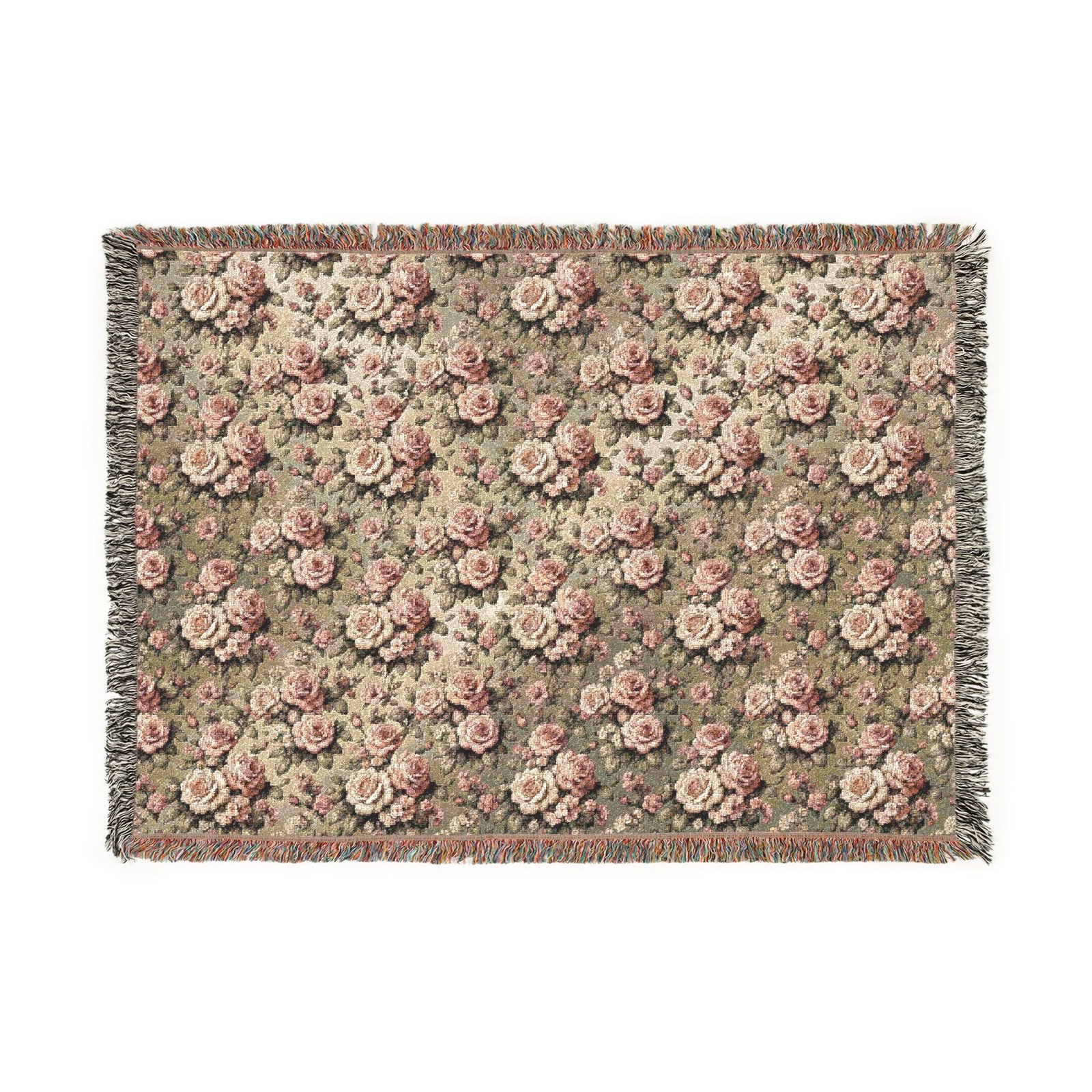 Vintage Rose Woven Throw Blanket | Floral Tapestry in Dusty Pink & Gold or Romantic Pink & Black