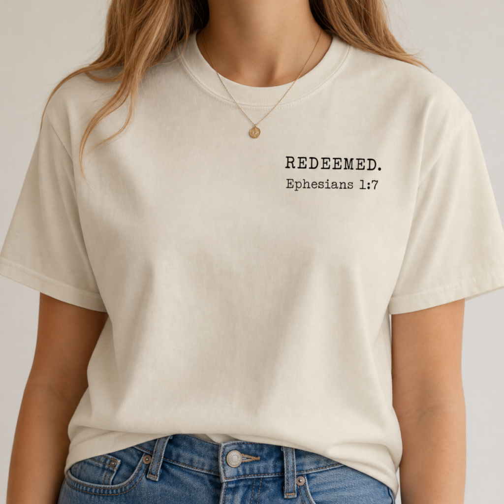 Christian Women’s T-Shirt | “REDEEMED. Ephesians 1:7” | Minimalist Faith Tee