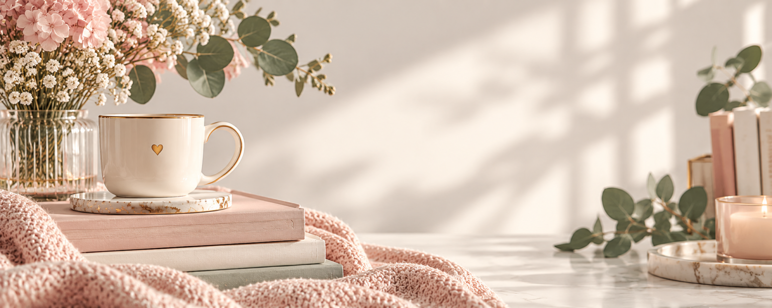 Cozy cream mug with a gold heart on pink books beside flowers and a soft pink blanket