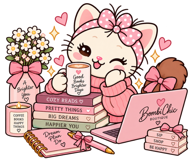 Bombi the kitty hugging a heart that says Join the Bombi Club